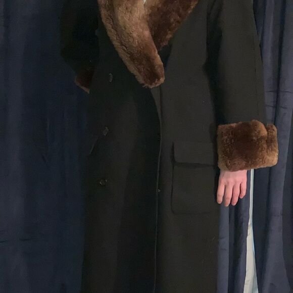 Vintage 80s Bill Blass Black Wool Slouch Brown Fur Shawl Collar Cuffs 8 Large XL - Picture 5 of 12